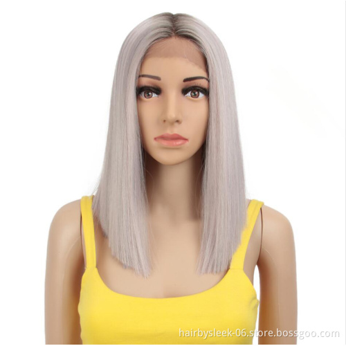 Shakia Baby Pink Ombre Middle Part Blunt Cut 14 Inches Short Bob Straight Hair Synthetic Lace Front Wigs for black woman
